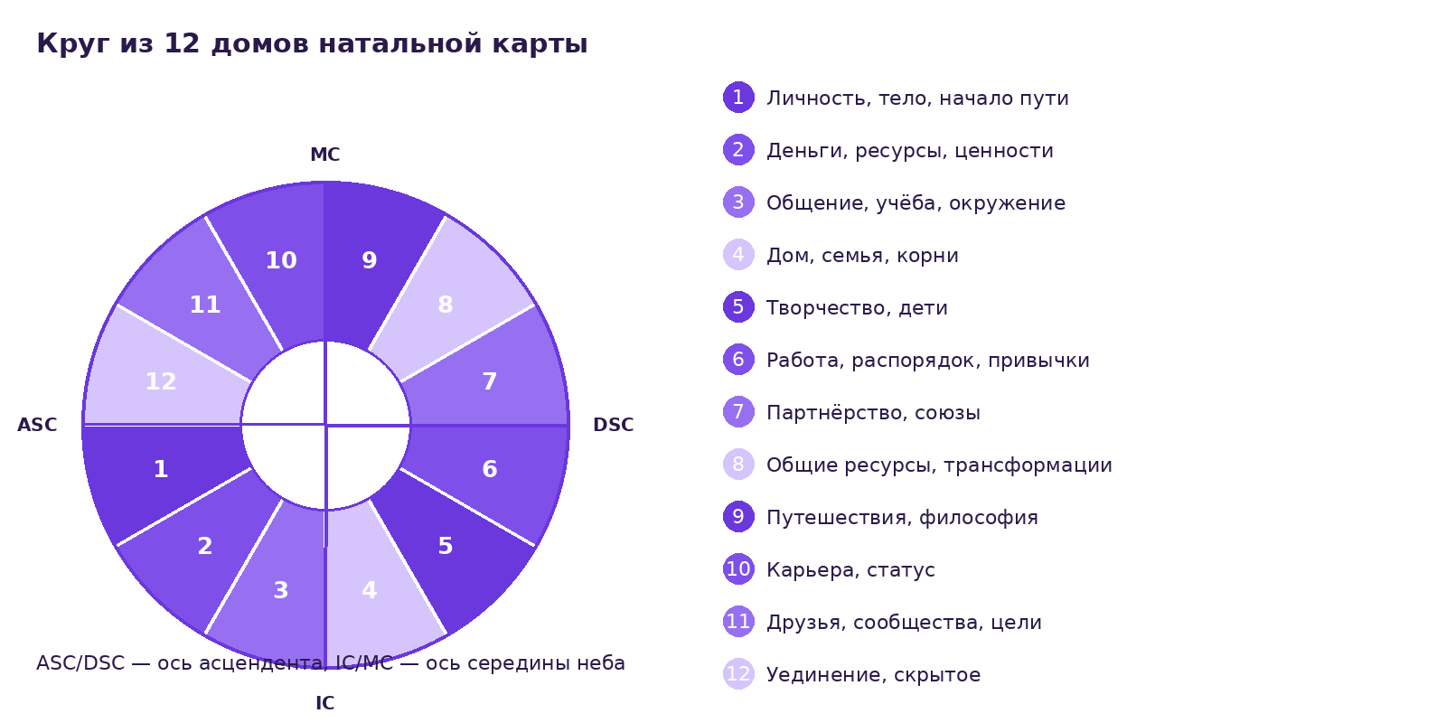 Схема круга из 12 домов натальной карты с осями асцендент-десцендент и куспид-МС, каждый дом подписан темой