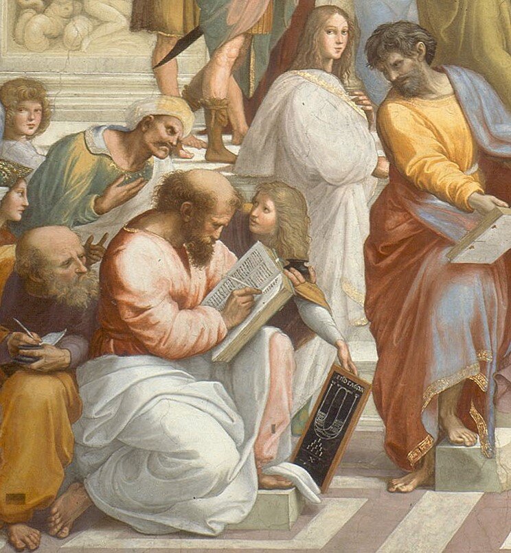 Фрагмент фрески Рафаэля «Афинская школа»: Пифагор пишет в раскрытой книге, рядом стоит табличка со схемой