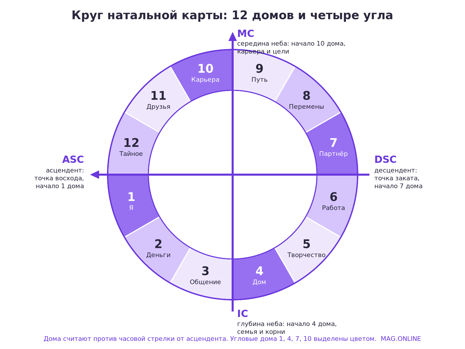 Схема круга натальной карты: 12 домов против часовой стрелки от асцендента, оси ASC–DSC и MC–IC, угловые дома выделены