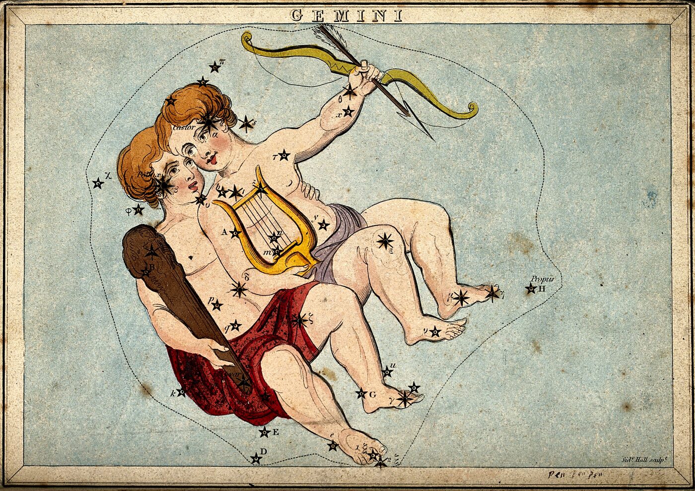 Раскрашенная гравюра со знаком Близнецов: две фигуры рядом под звёздным небом