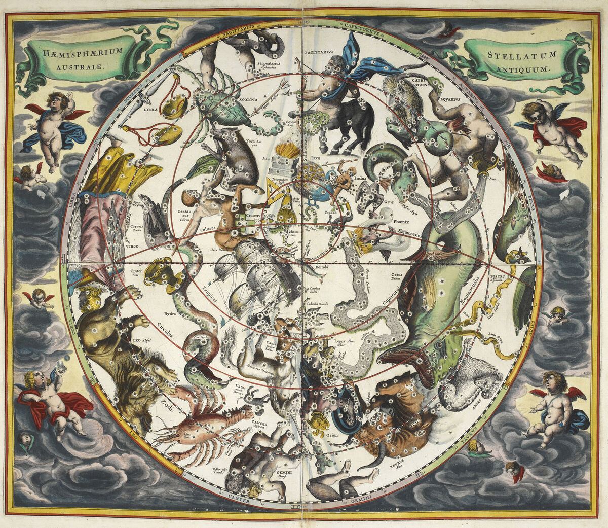 Старинная раскрашенная гравюра с созвездиями зодиака на круглой карте южного неба, по краю подписаны названия знаков