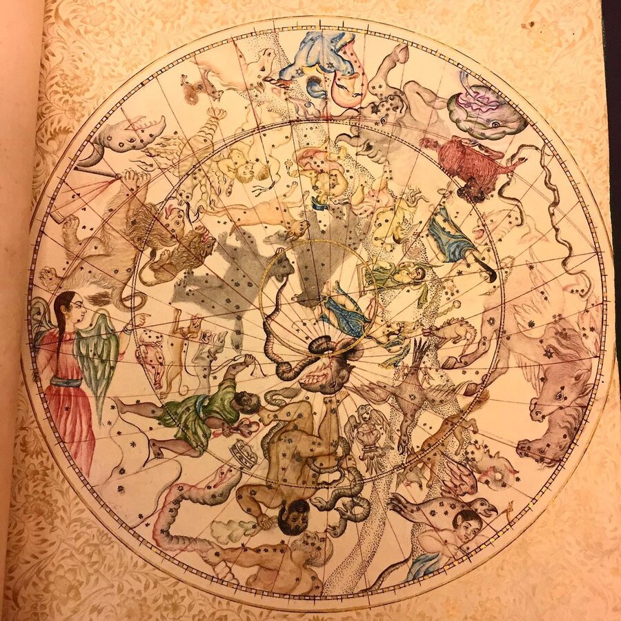 Рисованная карта зодиакальных созвездий XIX века с фигурами знаков вокруг небесного круга